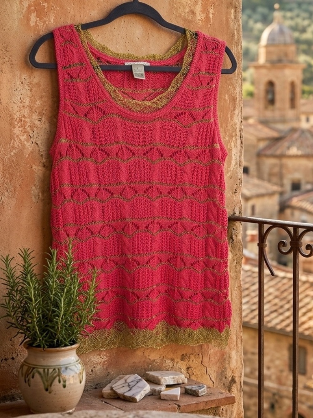 Alberto Makali Coral Knit Sleeveless Tank with Olive Trim